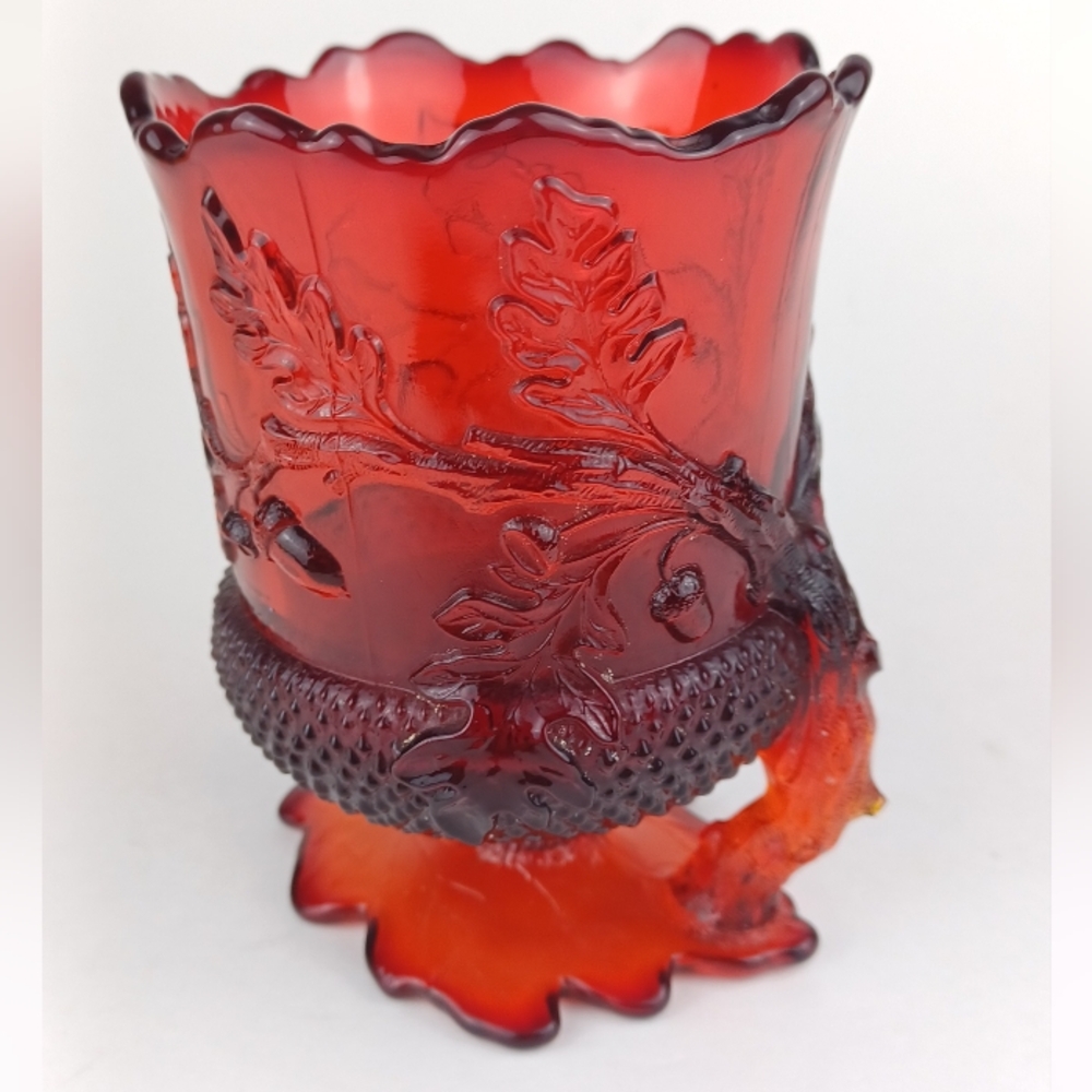 Vtg Mosser Red Glass Spooner Vase Acorn Oak Victorian MCM Style Art Glass
